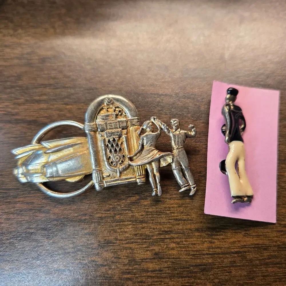 Vintage SilverTone Pin Lot 1950s Jukebox Cadillac Sock Hop & Navy Sailor Man